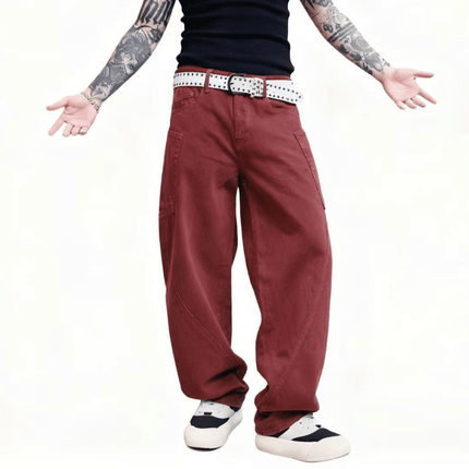 Red Loose Fit Straight-Leg Washed Basic Jeans