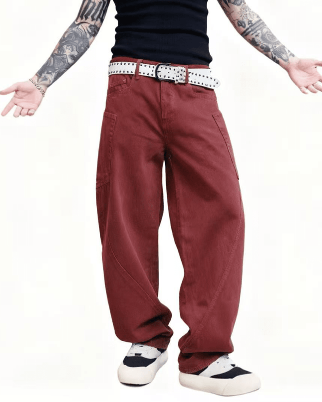 Red Loose Fit Straight-Leg Washed Basic Jeans