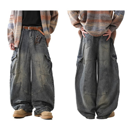 Heavyweight Multi-Pocket Washed Vintage Loose Jeans