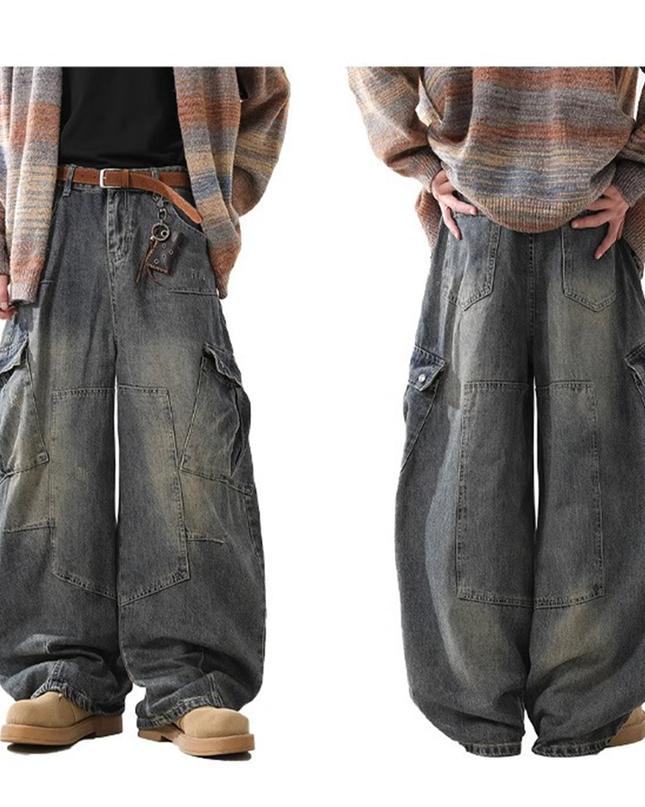 Heavyweight Multi-Pocket Washed Vintage Loose Jeans