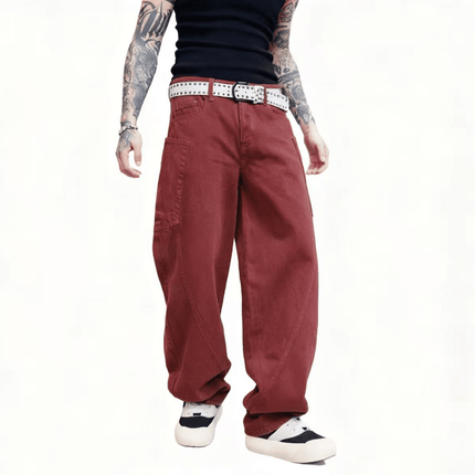 Red Loose Fit Straight-Leg Washed Basic Jeans