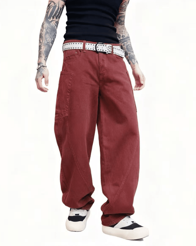 Red Loose Fit Straight-Leg Washed Basic Jeans