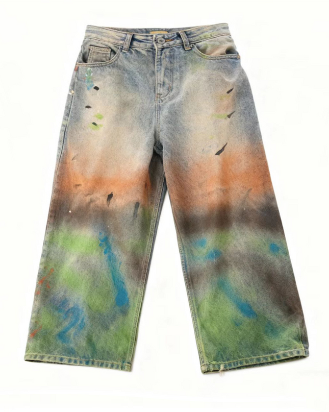 Unisex Vintage Washed Distressed Paint-Splatter Denim Jeans