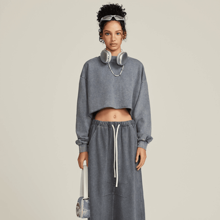 Genesis Washed Raw-Edge Cropped Crew Neck Sweatshirt