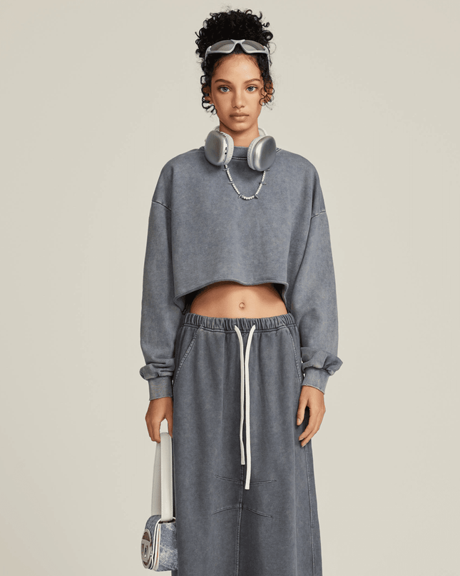 Genesis Washed Raw-Edge Cropped Crew Neck Sweatshirt