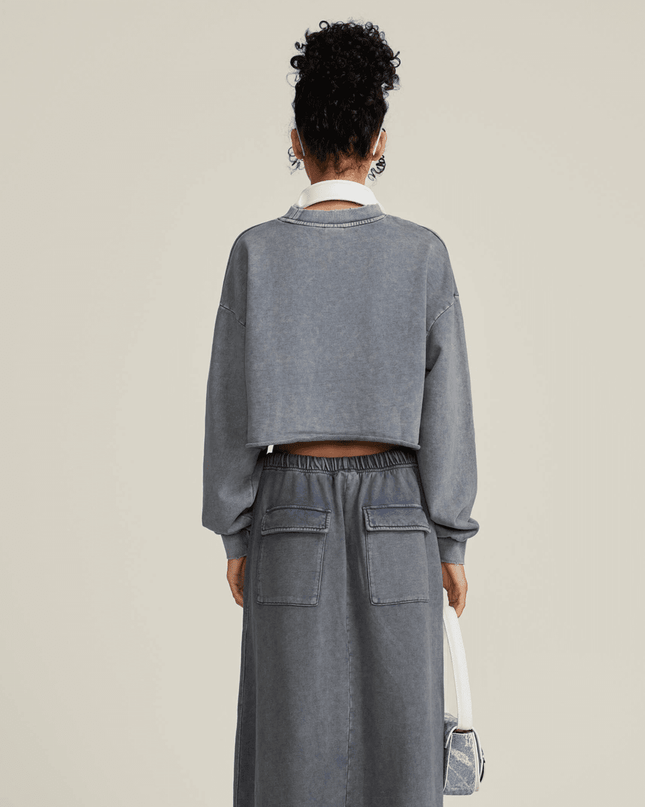 Genesis Washed Raw-Edge Cropped Crew Neck Sweatshirt