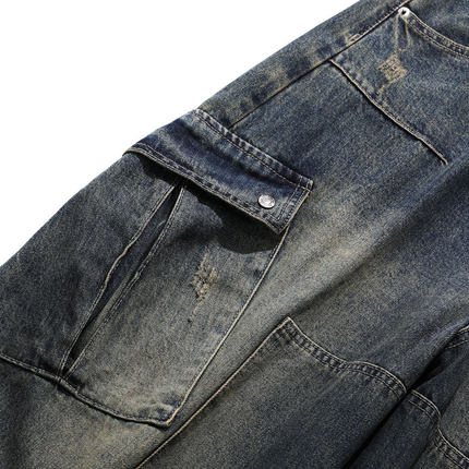 Heavyweight Multi-Pocket Washed Vintage Loose Jeans