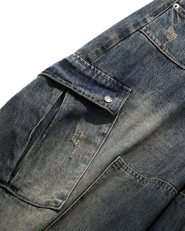 Heavyweight Multi-Pocket Washed Vintage Loose Jeans
