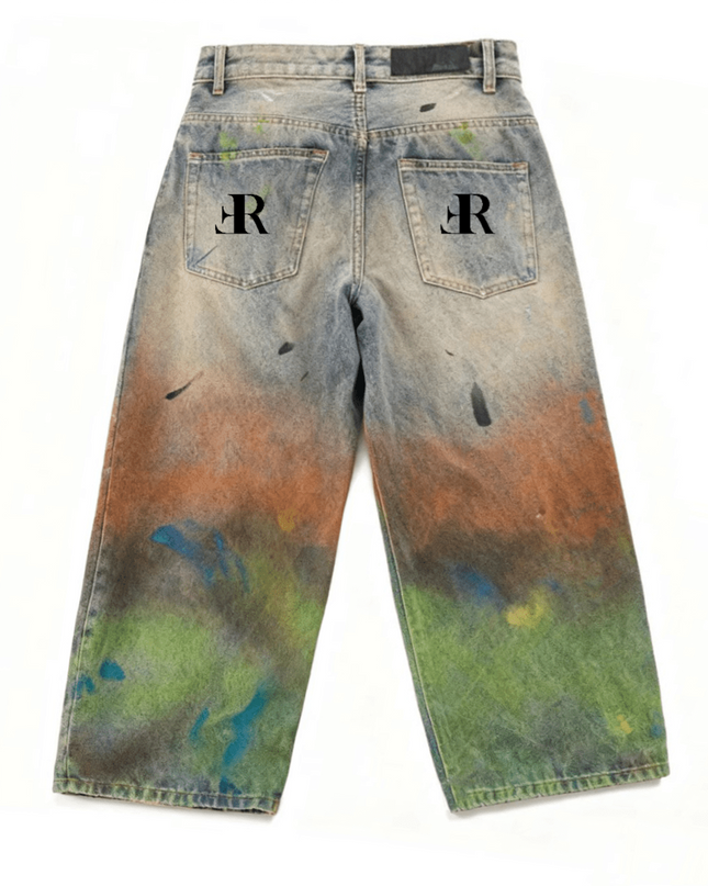 Unisex Vintage Washed Distressed Paint-Splatter Denim Jeans