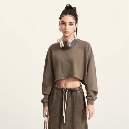 Genesis Washed Raw-Edge Cropped Crew Neck Sweatshirt