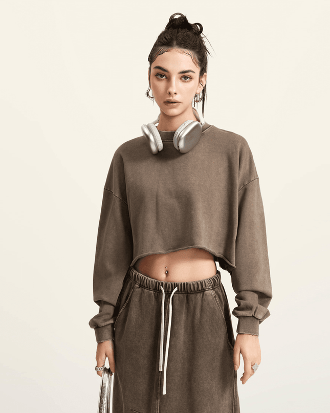 Genesis Washed Raw-Edge Cropped Crew Neck Sweatshirt