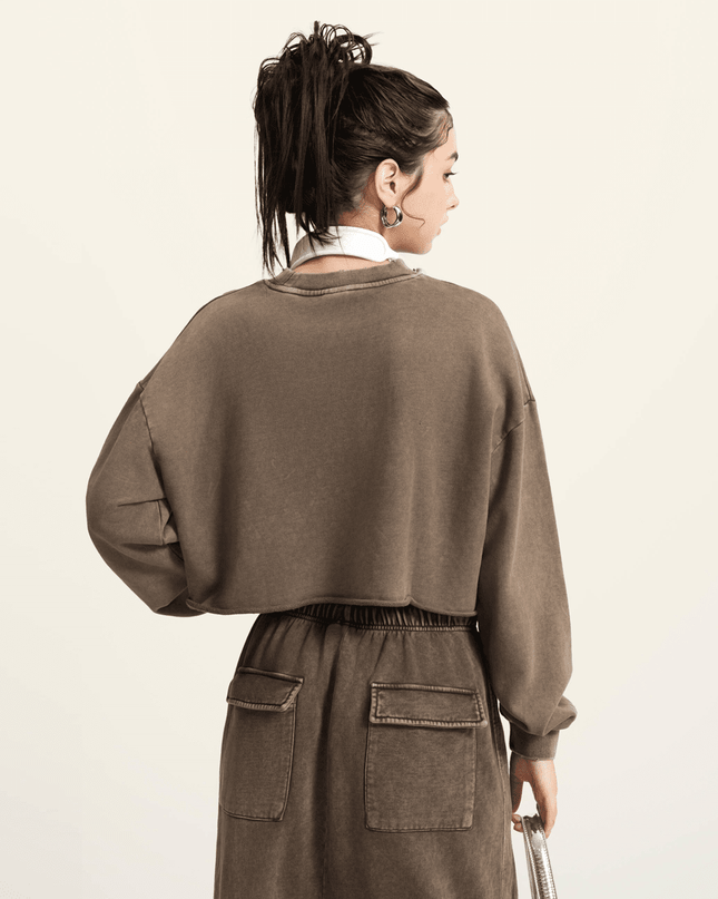Genesis Washed Raw-Edge Cropped Crew Neck Sweatshirt
