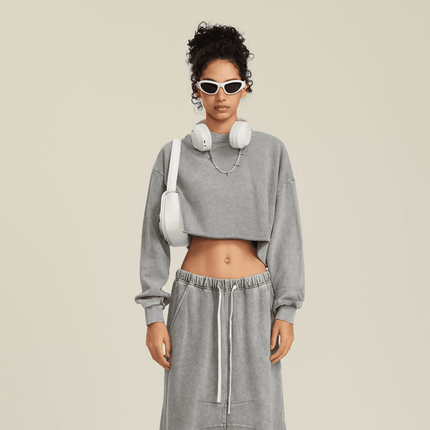 Genesis Washed Raw-Edge Cropped Crew Neck Sweatshirt