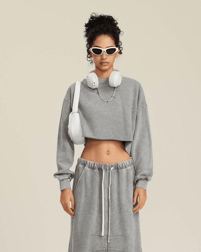 Genesis Washed Raw-Edge Cropped Crew Neck Sweatshirt