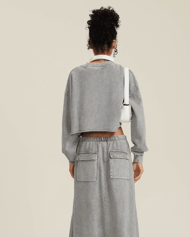 Genesis Washed Raw-Edge Cropped Crew Neck Sweatshirt