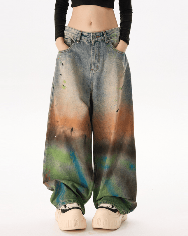 Unisex Vintage Washed Distressed Paint-Splatter Denim Jeans