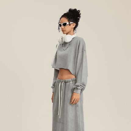 Genesis Washed Raw-Edge Cropped Crew Neck Sweatshirt