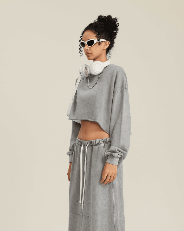 Genesis Washed Raw-Edge Cropped Crew Neck Sweatshirt
