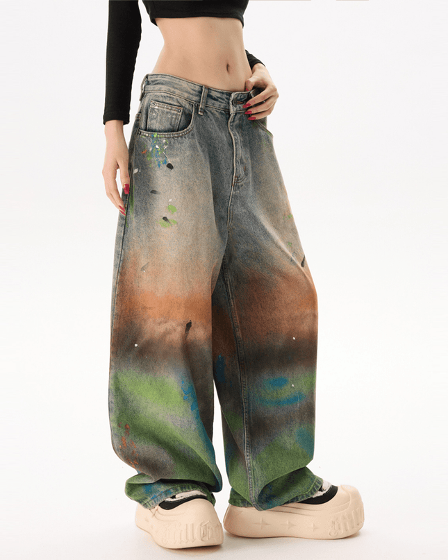 Unisex Vintage Washed Distressed Paint-Splatter Denim Jeans