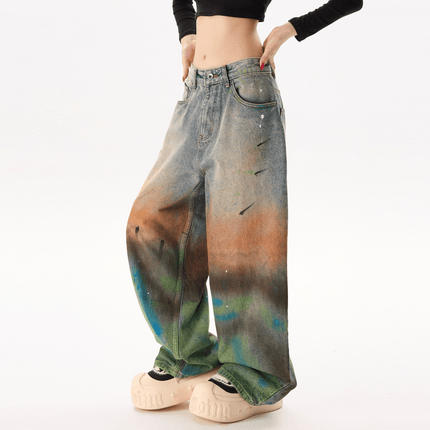 Unisex Vintage Washed Distressed Paint-Splatter Denim Jeans
