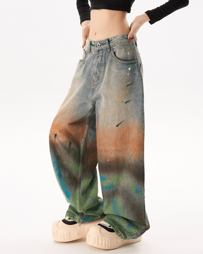 Unisex Vintage Washed Distressed Paint-Splatter Denim Jeans